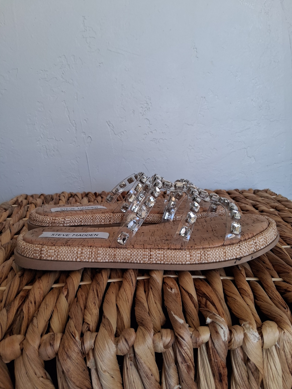 Steve Madden Sz 8 Cork Slide Sandals with Clear Jeweled Straps - Picture 3 of 8